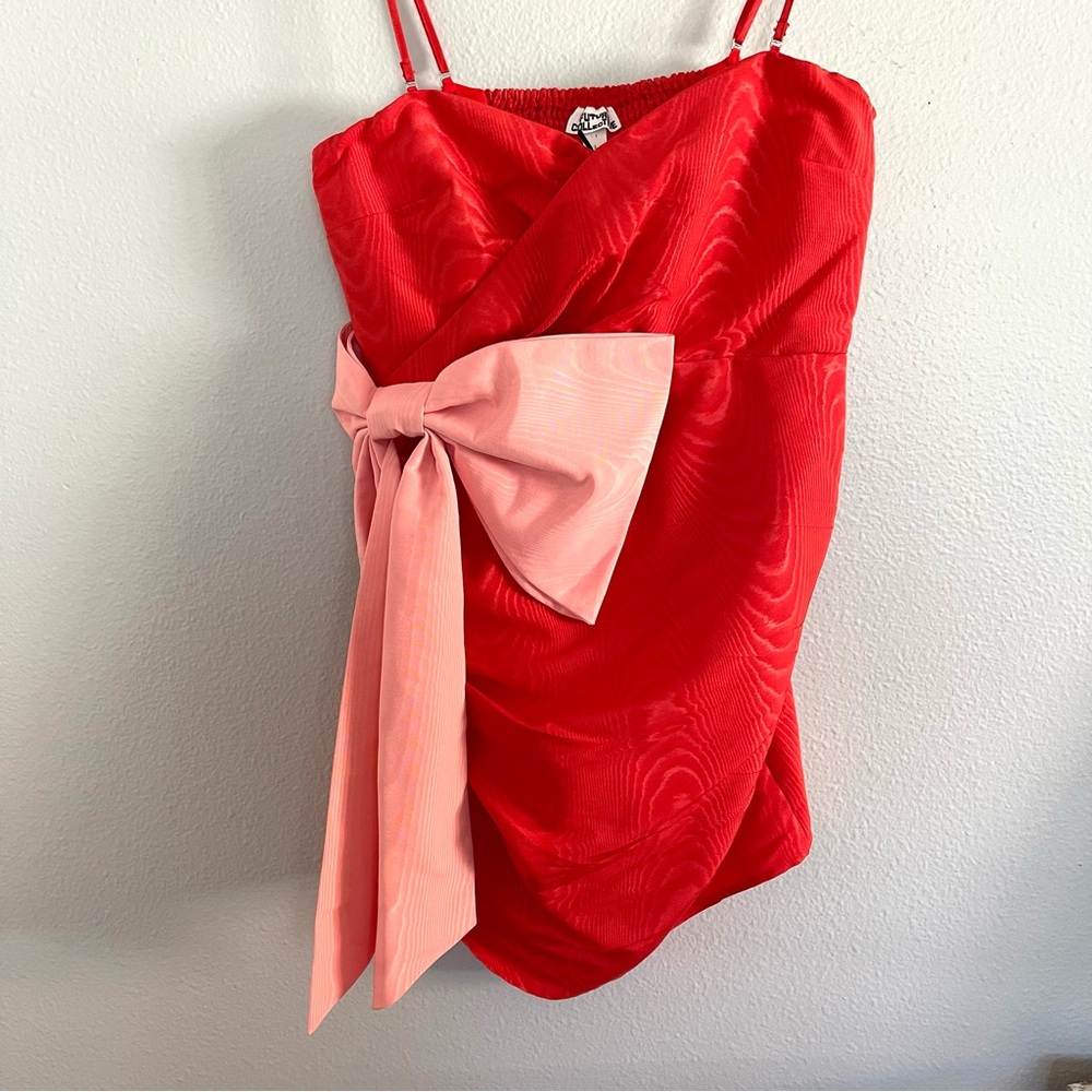 Red Wrap-Style Mini Dress with Pink Bow